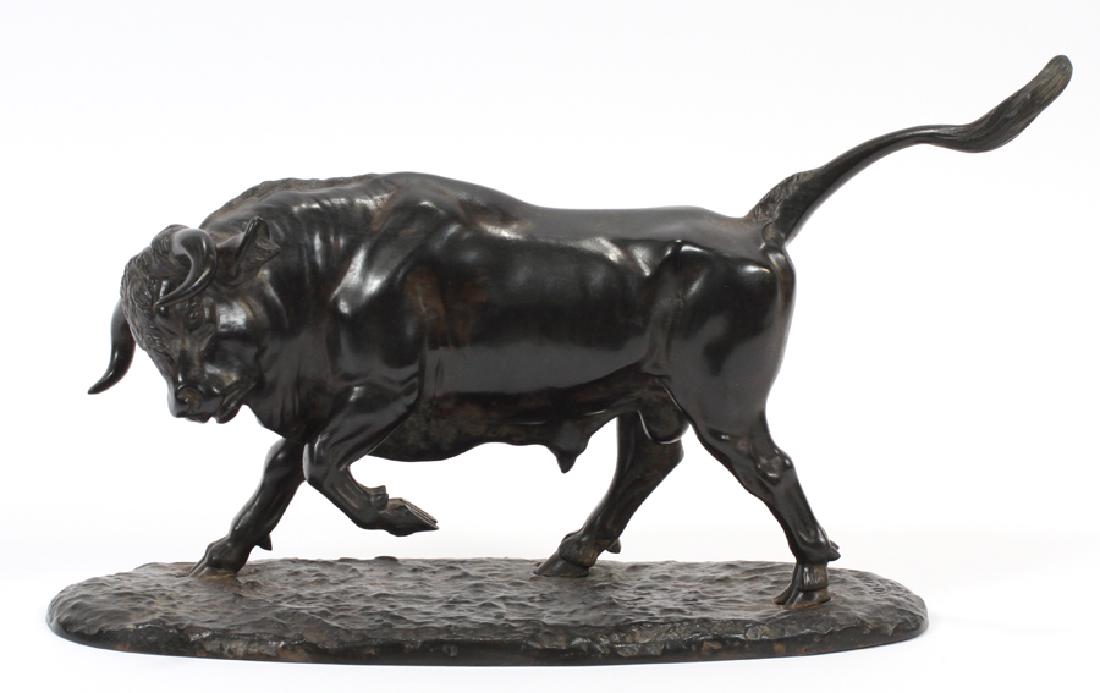 IRENEE ROCHARD BRONZE SCULPTURE: IRENEE ROCHARD, (FRENCH 1906-1984), BRONZE SCULPTURE, H 5 1/2", W 4", D 12":A reproduction bronze sculpture after listed French artist Irene Rochard. This piece depicts a dynamic raging bull. The scul