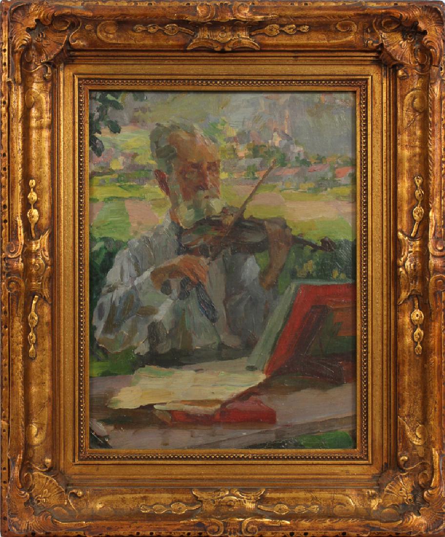 GERMAN SCHOOL OIL ON MASONITE MAN PLAYING VIOLIN (1 of 3)