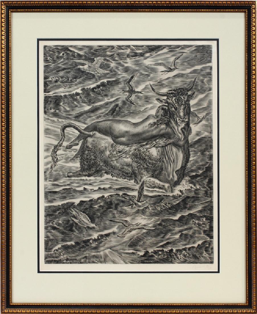 ALBERT DECARIS ENGRAVING "EUROPA AND THE BULL": ALBERT DECARIS (FRENCH 1901-1988), ENGRAVING, PLATE SIZE: H 25 3/8" W 19 1/2", "EUROPA AND THE BULL" :Number 19/110; pencil signed; paper sight size: 26 3/4" x 20 1/2"; not dated; framed. Reference: N