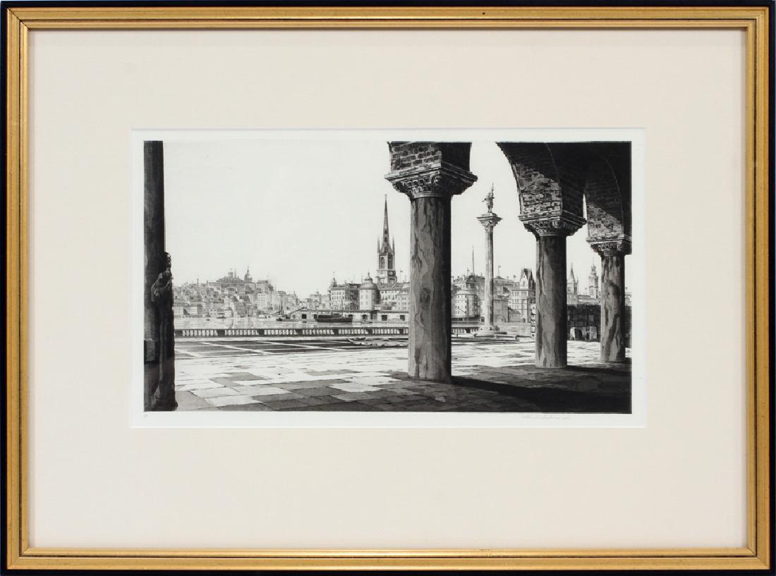 JOHN TAYLOR ARMS AQUATINT & ETCHING, 1940: JOHN TAYLOR ARMS (AMERICAN 1887-1953), AQUATINT & ETCHING, 1940, H 7 7/16", W 13 1/2", "STOCKHOLM" :Edition number is crossed out; pencil signed and dated; framed; reference: F. 346; Arnold Klein labe