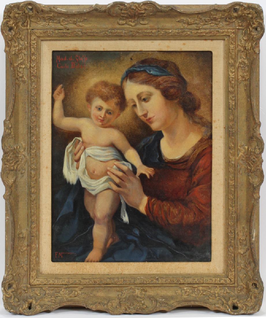 F. MENSSHENGER AFTER CARLO DOLCI: F. MENSSHENGER, AFTER CARLO DOLCI, H 15" W 11" MADONNA DE SLOFFE :Madonna in Glory. FRAME 20" X 17". Carlo Dolci was an italian painter 1616 - 1687.