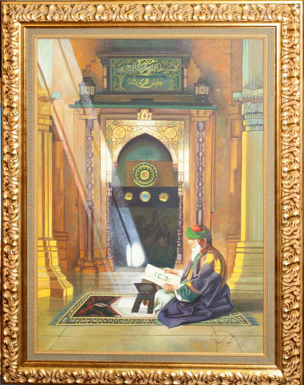 QAIS AL-SINDY OIL ON CANVAS, ARAB PRAYING: QAIS AL-SINDY (IRAQI B.1967), OIL ON CANVAS, ARAB PRAYING, 40" X 28":Signed lower right; framed.