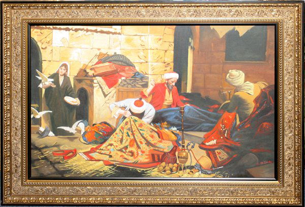 QAIS AL-SINDY OIL ON CANVAS, MEN WEAVING RUGS: QAIS AL-SINDY, OIL ON CANVAS, MEN WEAVING RUGS, 26" X 38":Signed lower right; framed.