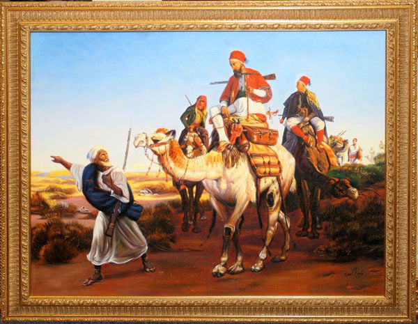 QAIS AL-SINDY OIL ON CANVAS, ARAB WARRIORS: QAIS AL-SINDY, OIL ON CANVAS, ARAB WARRIORS ON CAMELS, 31" X 38":Signed lower right; framed.