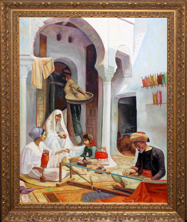 QAIS AL-SINDY OIL ON CANVAS, ARAB RUG WEAVERS: QAIS AL-SINDY. OIL ON CANVAS, ARAB RUG WEAVERS, 31" X 22":Signed lower right; framed.