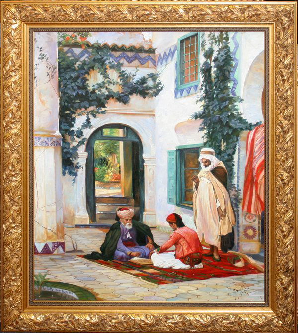 QAIS AL-SINDY OIL ON CANVAS, CHECKERS: QAIS AL-SINDY. OIL ON CANVAS, ARAB MEN PLAYING CHECKERS, 40" X 28":Signed lower right; framed.