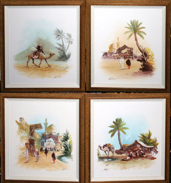 QAIS AL-SINDY OILS ON BOARD, TENT & VILLAGE: QAIS AL-SINDY, OILS ON BOARD TENT AND VILLAGE SCENES, 4, 21" X 18":Two signed lower left and two signed lower right; framed.