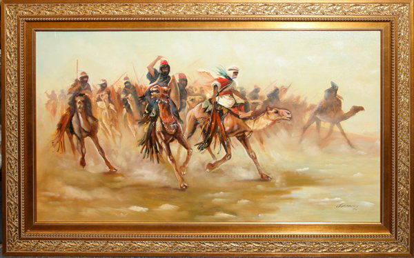 QAIS AL-SINDY OIL ON CANVAS, ARAB WARRIORS: QAIS AL-SINDY. OIL ON CANVAS, ARAB WARRIORS ON CHARGING CAMELS AND HORSES, 1995, 26" X 46":Signed and dated lower right; framed.
