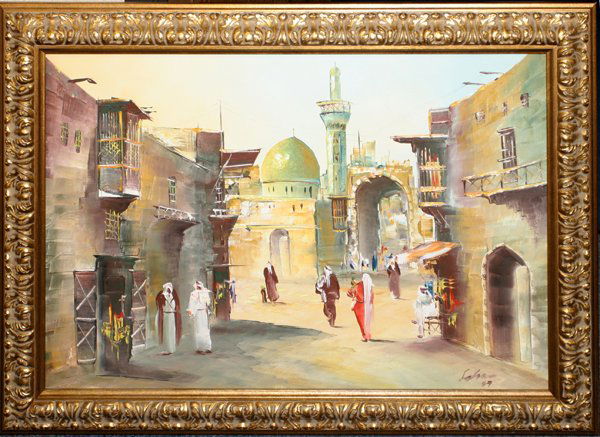 QAIS AL-SINDY OIL ON CANVAS, VILLAGE SCENE: QAIS AL-SINDY, OIL ON CANVAS, ARAB VILLAGE SCENE, 1997, 17" X 25":Signed and dated lower right; framed.