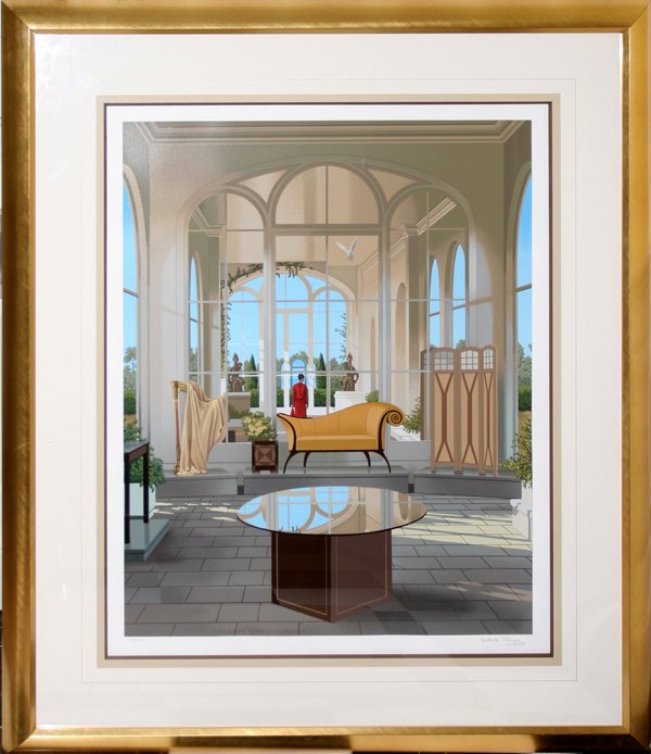 FREDERICK PHILLIPS SILKSCREEN, "L'GLASS": FREDERICK PHILLIPS, COLOR SILKSCREEN, 33" X 27" IMAGE SIZE, "L'GLASS", #136/295:Matted and framed under glass, pencil signed lower left, and numbered lower left.