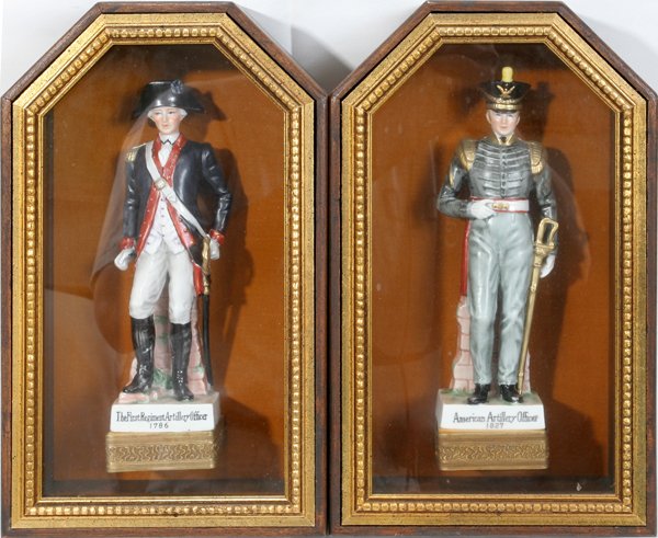 MARKO PORCELAIN SOLDIERS IN SHADOWBOX FRAMES: MARKO MFGS. PORCELAIN SOLDIERS IN SHADOWBOX FRAMES, DESIGNED FOR DALY BRES, PAIR, H 8 1/4":"The First Regiment Artillery Officer 1786" and "American Artillery Officer 1827"; H of shadowbox frames, 12