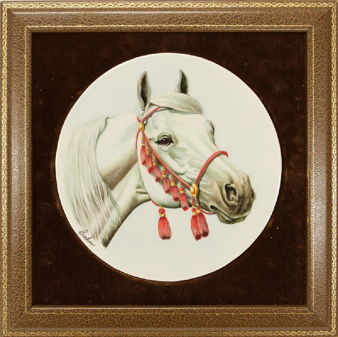 BOEHM SIGNED ORIGINAL PAINTING ON PORCELAIN: BOEHM SIGNED, ORIGINAL PAINTING ON PORCELAIN, DIA 7" (IMAGE), "THE ARABIAN STALLION" Depicts an Arabian stallion with a red tassel bridle on a round white porcelain plaque. Signed: "Boehm" lower right