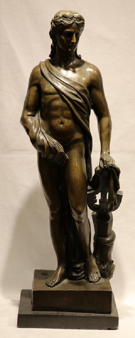 AFTER AUGUSTE MOREAU BRONZE SCULPTURE: AFTER AUGUSTE MOREAU BRONZE SCULPTURE, H 24", STANDING MALE WITH LYRE Depicting a semi-nude man standing next to a lyre. Signed. Marked European Bronze Foundry.