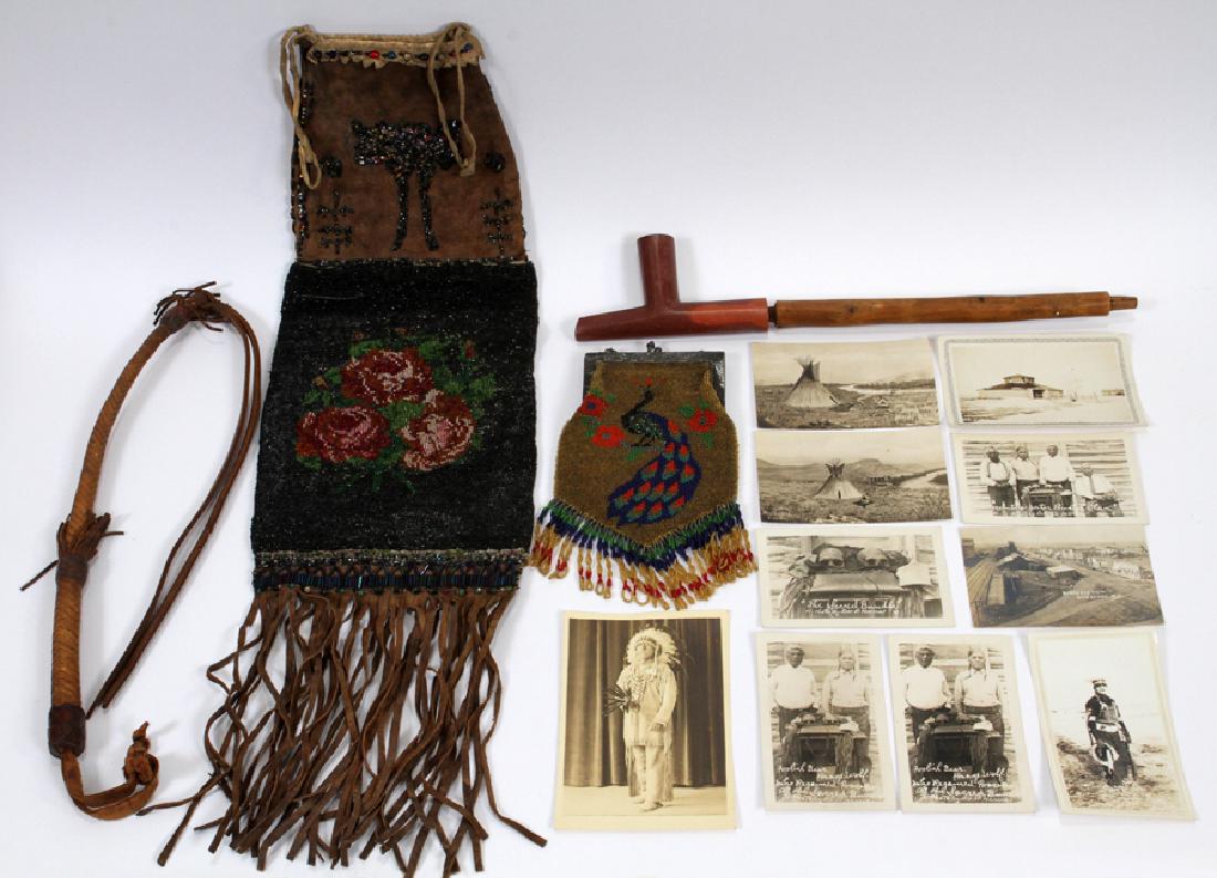 NATIVE AMERICAN RAWHIDE CLOTHING, PIPE ECT.: NATIVE AMERICAN, NORTH DAKOTA, ARIKARA TRIBE, RAWHIDE CLOTHING, PIPE, HORSE WHIP AND PHOTOGRAPHS, C19TH C, 14 PCS.Rawhide beaded clothing of the Native American, Arikara Tribe from the North Dakota, F