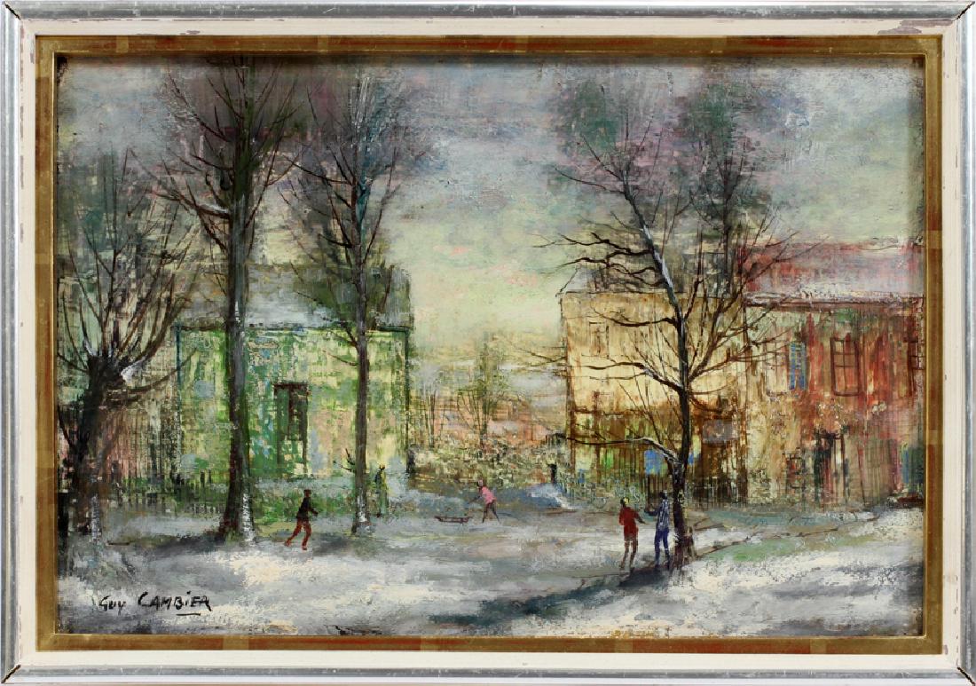 GUY CHAMBIER OIL ON CANVAS WINTER SCENE: GUY CHAMBIER (FRENCH B1923), OIL ON CANVAS, H 9", W 13", WINTER SCENE Depicts a winter street scene. Signed lower left and framed.
