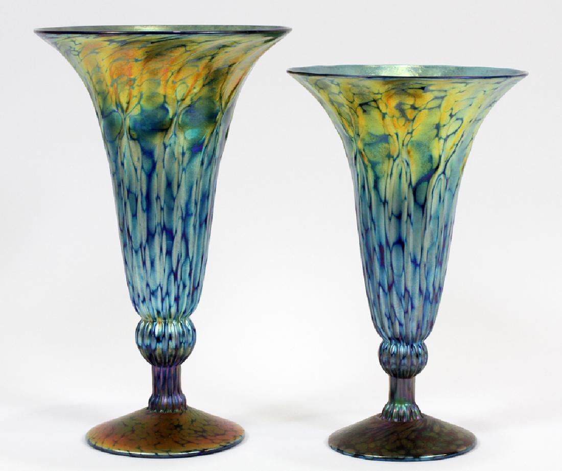 IRIDESCENT GLASS TRUMPET VASES, PAIR (1 of 6)