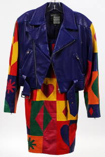 MICHAEL HOBAN LEATHER JACKET AND DRESS: MICHAEL HOBAN LEATHER JACKET AND DRESS This matching set has a large colorful pattern of hearts and diamonds. The colors are royal blue, red, orange and yellow. The jacket has two zip pockets and a be