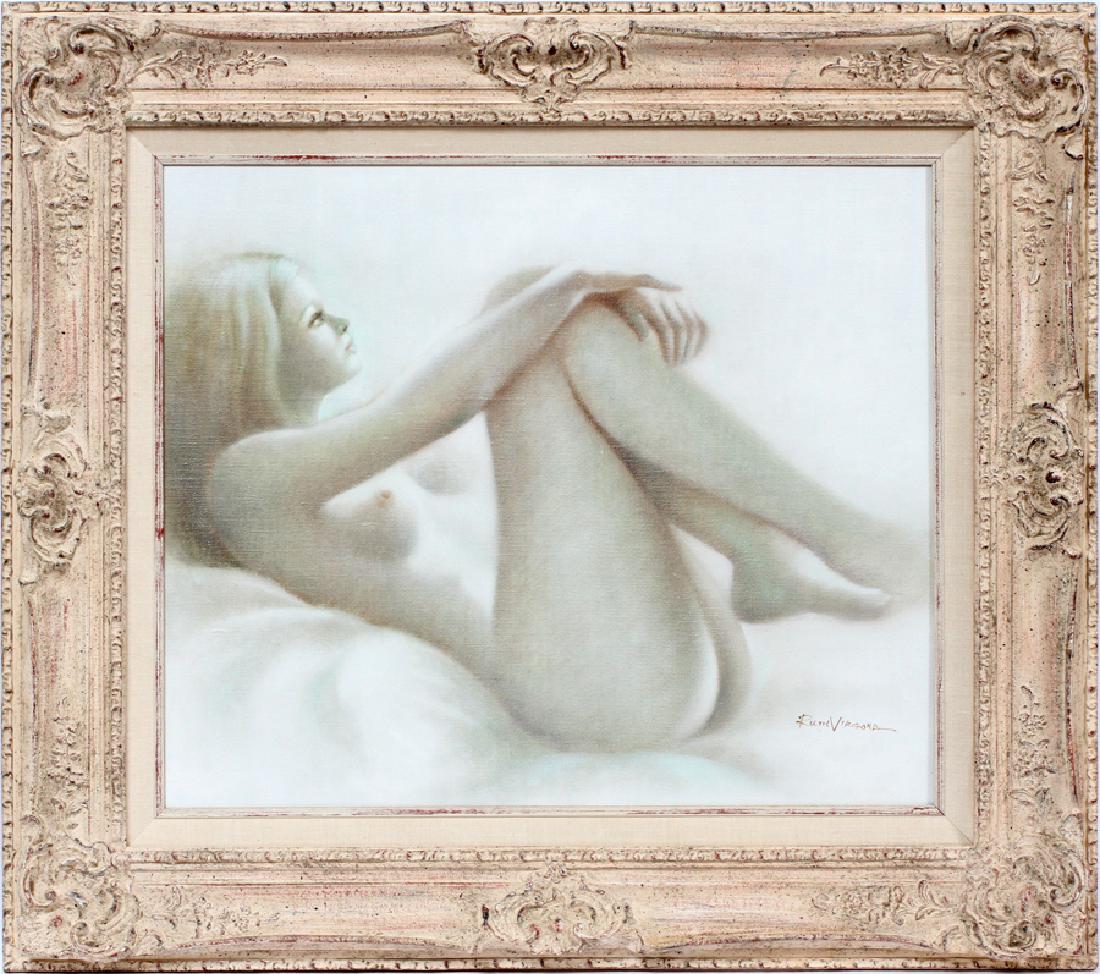 RUTH VIRGONA PAINTING LADY IN WAITING: RUTH VIRGONA (AMERICAN, 20TH C.), PAINTING, H 20'', W 24'', LADY IN WAITING Oil on canvas painting by Ruth Virgona of a nude female gazing upward. Signed lower right, "Ruth Virgona". H 20'', W 24''.