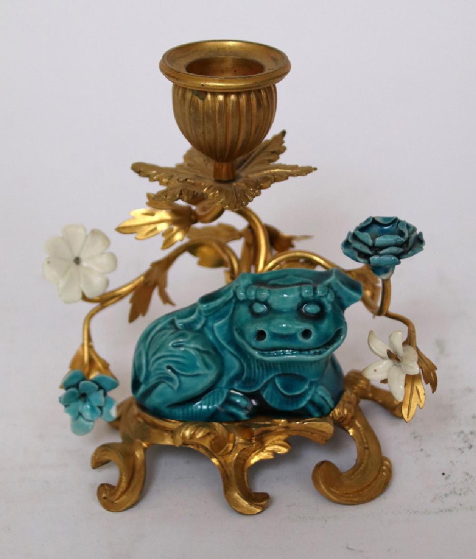 BRONZE & PORCELAIN CANDLE HOLDER, C. 1920 (1 of 2)