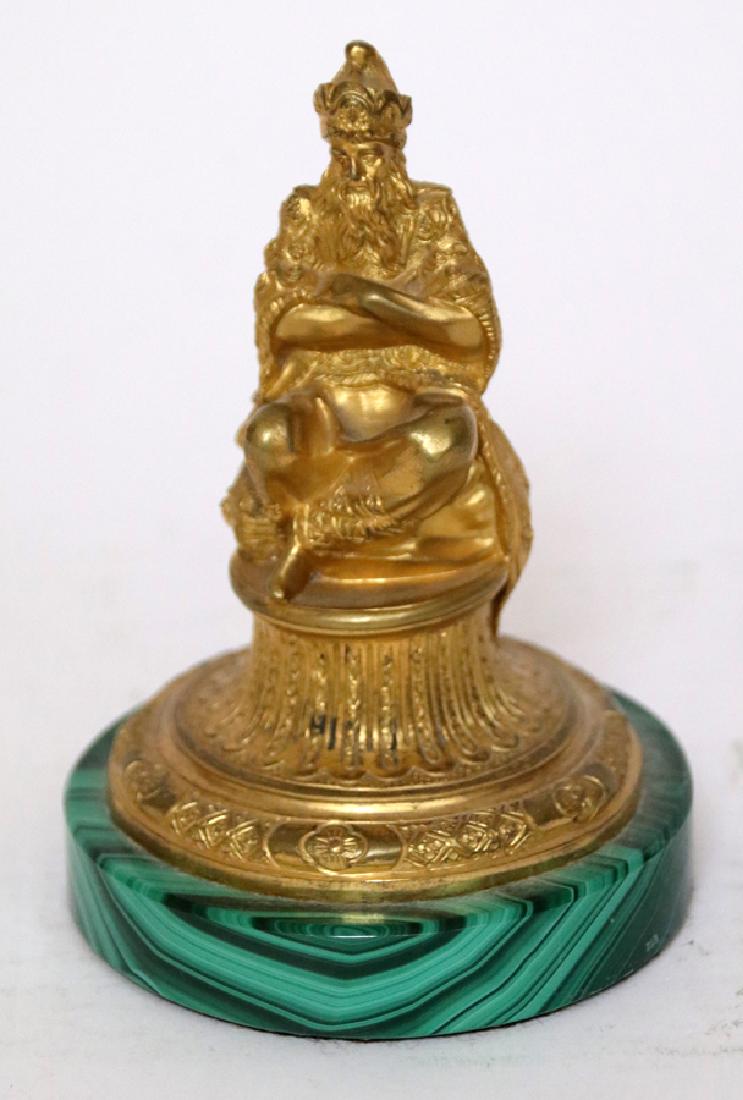BRONZE & MALACHITE SEATED SULTAN: BRONZE & MALACHITE SEATED SULTAN, H 4 1/2", DIA 3 1/4" Overall height 5 1/2".