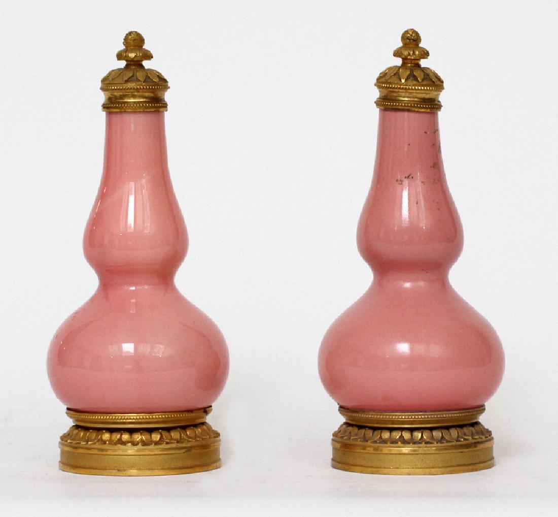 OPALINE & BRONZE PERFUME BOTTLES, PAIR, H 7 3/4" (1 of 3)