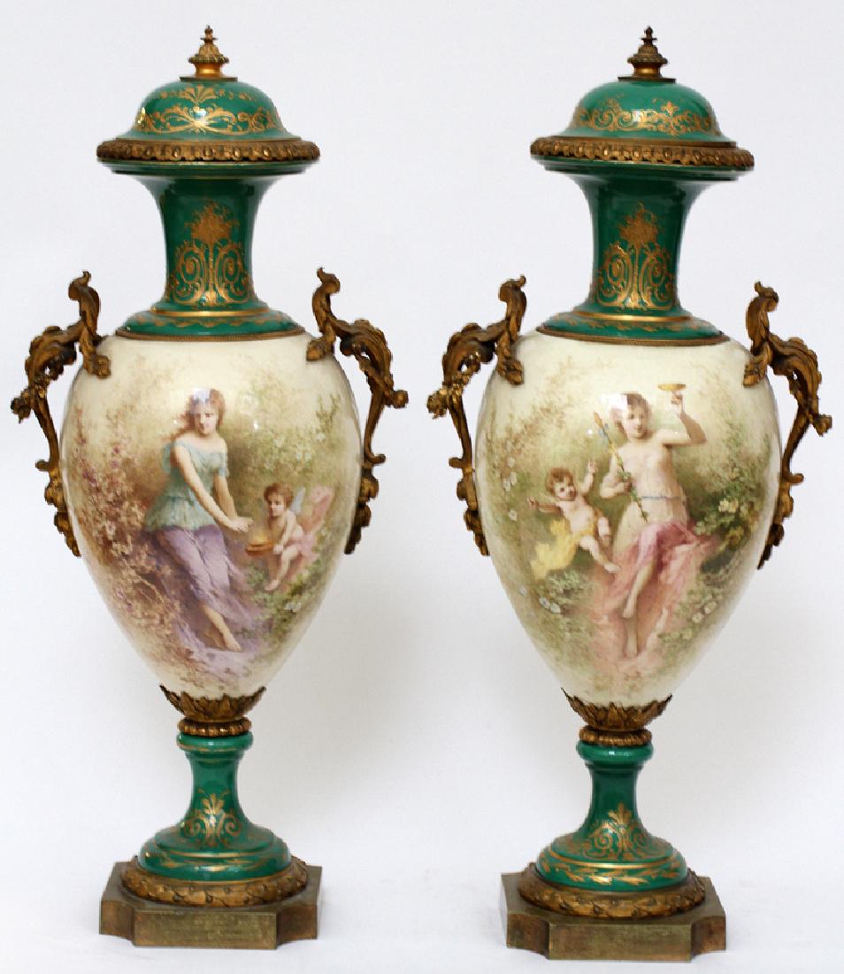 SEVRES HAND PAINTED PORCELANE URNS