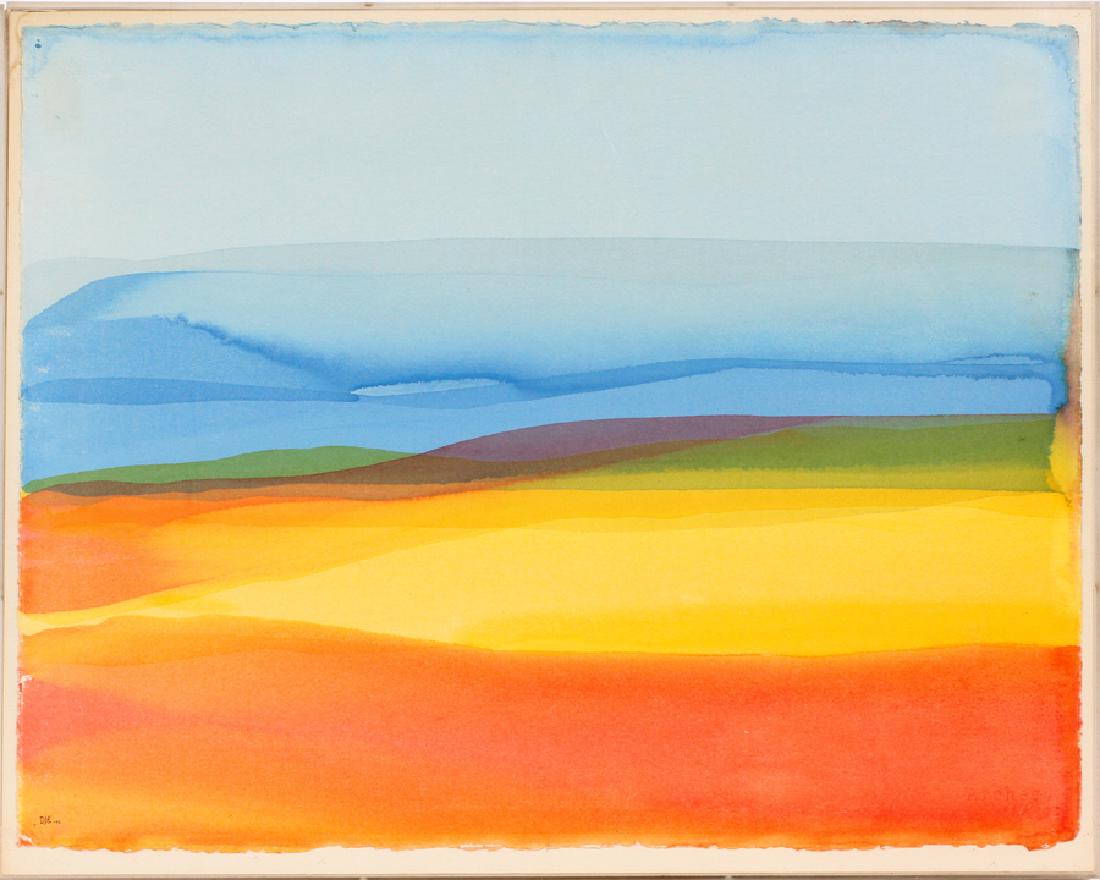 DAVID EINSTEIN MINIMALIST WATERCOLOR ON PAPER: DAVID EINSTEIN MINIMALIST WATERCOLOR ON PAPER, 1972, H 22 1/2", W 30", "EARTH AND SKY" A Minimalist watercolor titled "Earth and Sky" on Arches paper by David Einstein. This piece utilizes primary col