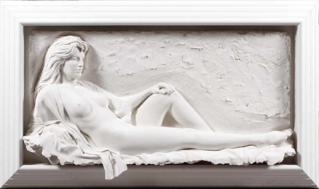 BILL MACK BONDED SAND RELIEF WALL SCULPTURE: BILL MACK, (AMERICAN, 1949-), BONDED SAND RELIEF WALL SCULPTURE, H 44", L 74", "FASCINATION" HIGH RELIEF. DEPICTING A RECLINING NUDE FEMALE FIGURE. SIGNED UPPER RIGHT, NUMBERED XLVII/ L.