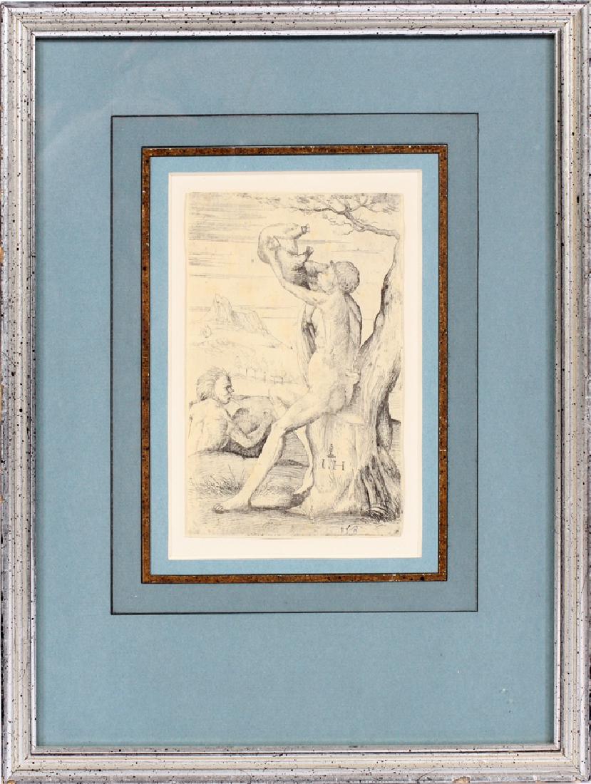 HIERONYMUS HOPFER OLD MASTER ETCHING: HIERONYMUS HOPFER, OLD MASTER ETCHING AFTER JACOPO DE BARBARI, H 5 3/8'', W 3 3/8'', "THE TWO SATYRS" Date that this print was pulled is unknown; monogram plus a symbol above; frame, H 12'' x W 9''.