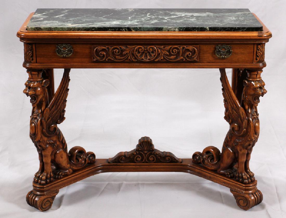 CARVED WALNUT MARBLE TOP CONSOLE TABLE (1 of 5)