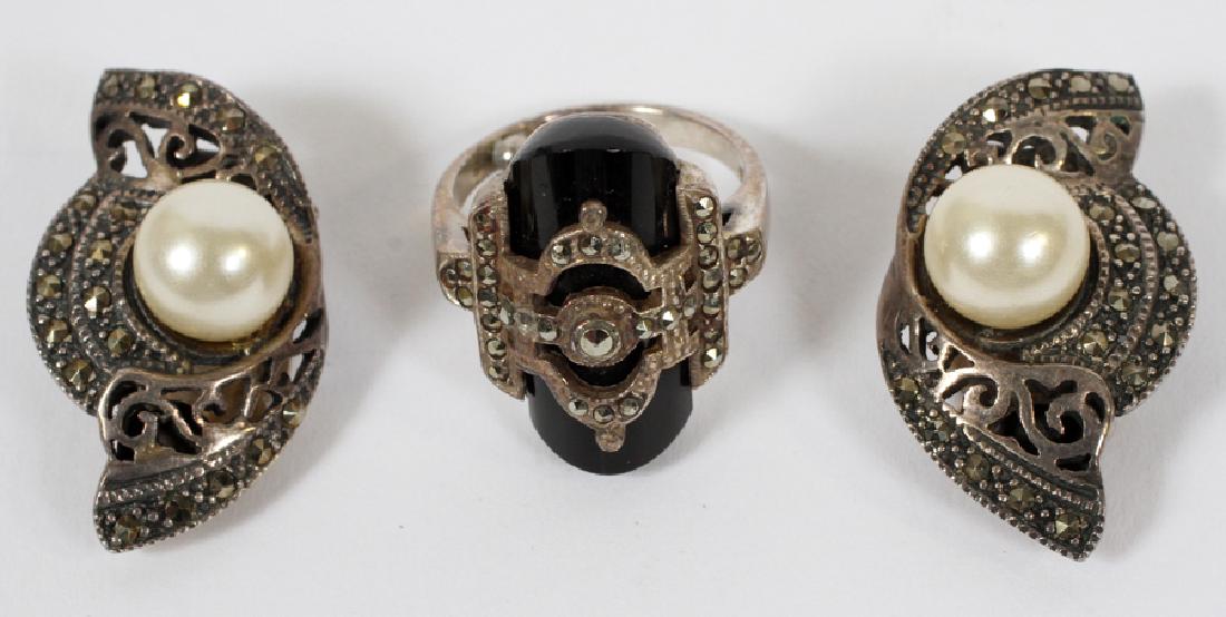 STERLING SILVER & MARCASITE EARRINGS & RING (1 of 7)