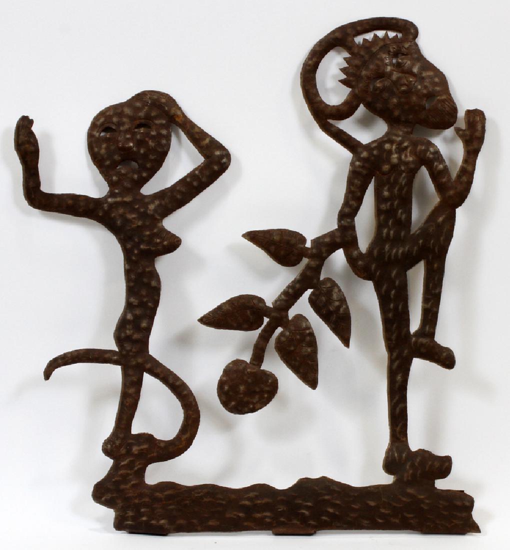 GEORGES LIAUTAUD STYLE METAL FIGURAL SCULPTURE: GEORGES LIAUTAUD STYLE (HAITIAN), METAL FIGURAL SCULPTURE, 20TH C., H 21", W 21" :A hand-hammered figural composition, possibly depicting Adam and Eve with the serpent. Provenance: Purchased from Arts