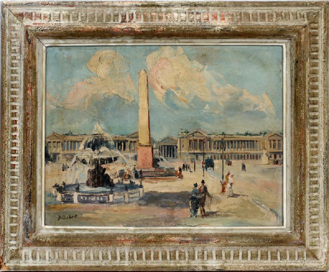 D. AUBERT OIL ON CANVAS: D. AUBERT, OIL ON CANVAS, H 12 1/4", W 16", "SITE OF THE EXECUTION OF MARIE ANTOINETTE" :Depicts the 'Place de la Concorde', the sight of the execution of Marie Antoinette. Titled on verso. Carved woo