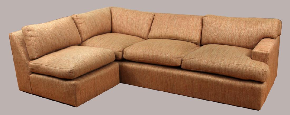 CUSTOM UPHOLSTERED 7 CUSHION SOFA & CHAIR SET: MODERN CUSTOM UPHOLSTERED 7 CUSHION SOFA AND CHAIR SET, H 29", L 102", D 38" :Light brown color upholstery. Chairs measure 30.5" x 28.5" x 38"