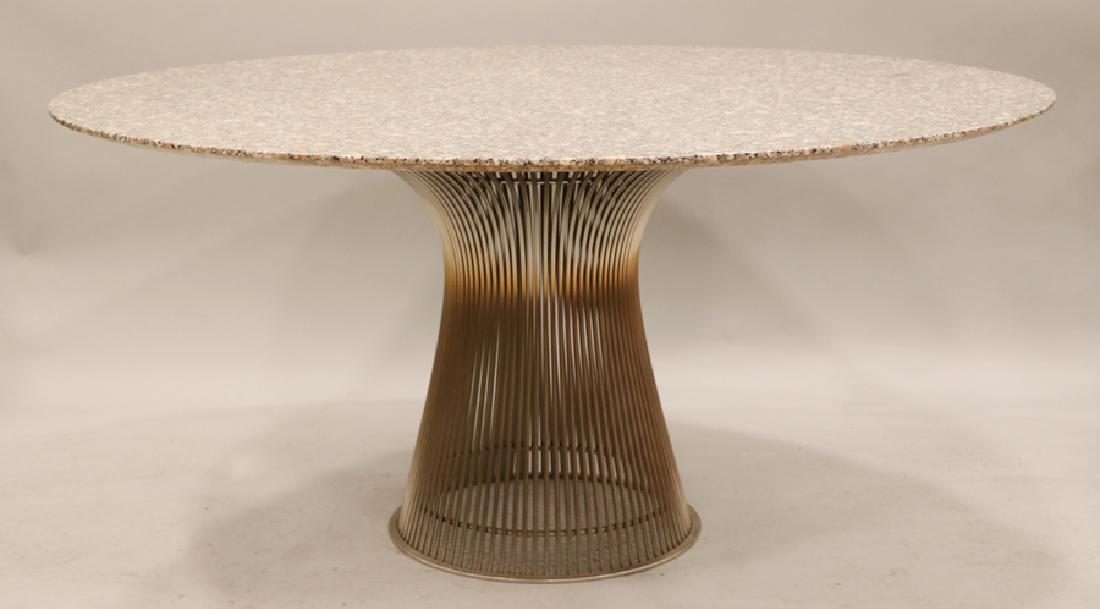 WARREN PLATNER KNOLL MARBLE AND METAL TABLE: WARREN PLATNER FOR KNOLL, MARBLE AND NICKEL-PLATED STEEL DINING TABLE, H 28.5", DIA 60":Iconic Mid century Modern table. Metal hurricane base with marble top.