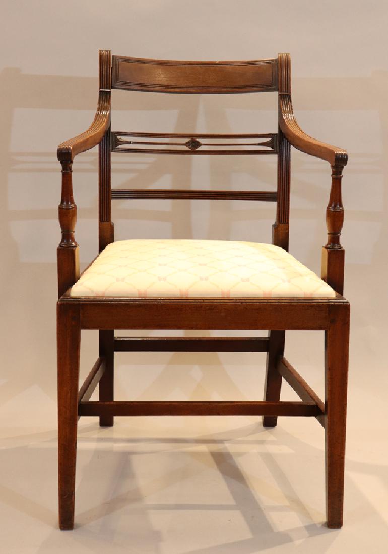 HEPPLEWHITE, MAHOGANY OPEN ARM CHAIR H 33": HEPPLEWHITE, MAHOGANY OPEN ARM CHAIR H 33" :Vase form arm supports. W. 21"
