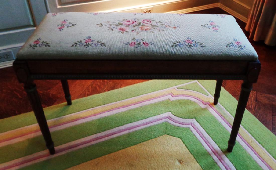 PIANO BENCH, H 20", L 32", D 14": PIANO BENCH, H 20", L 32", D 14" :Needlepoint seat, fluted tapered legs.