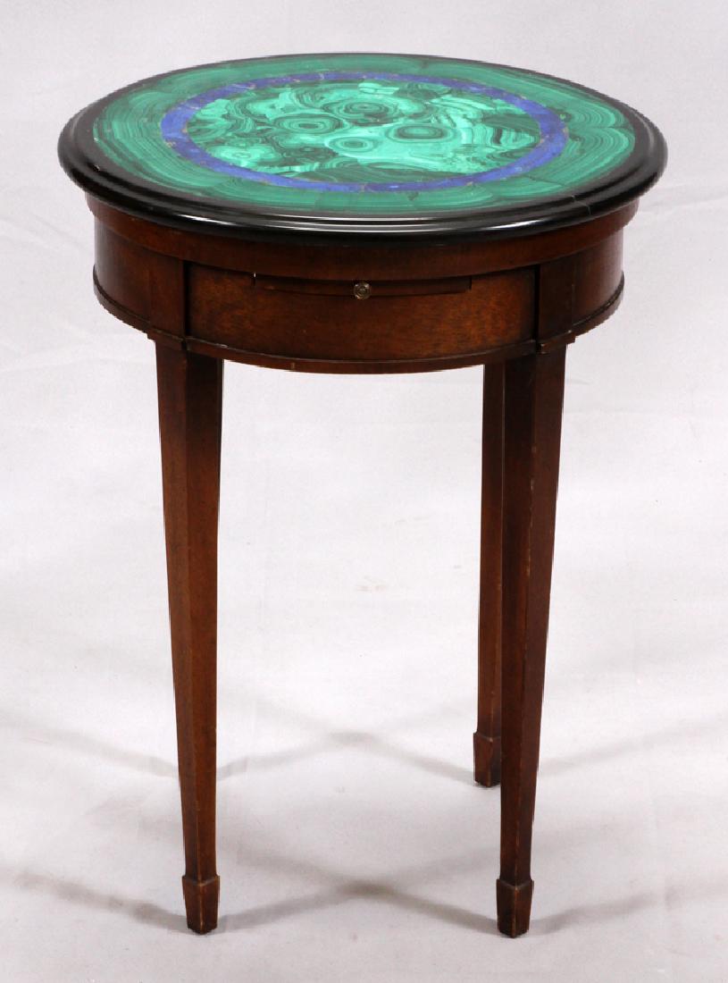 MAHOGANY TABLE, H 24", D 18": MAHOGANY TABLE, H 24", D 18" :Lapis border, marble top and inset malachite and inlaid lapis enhancement.