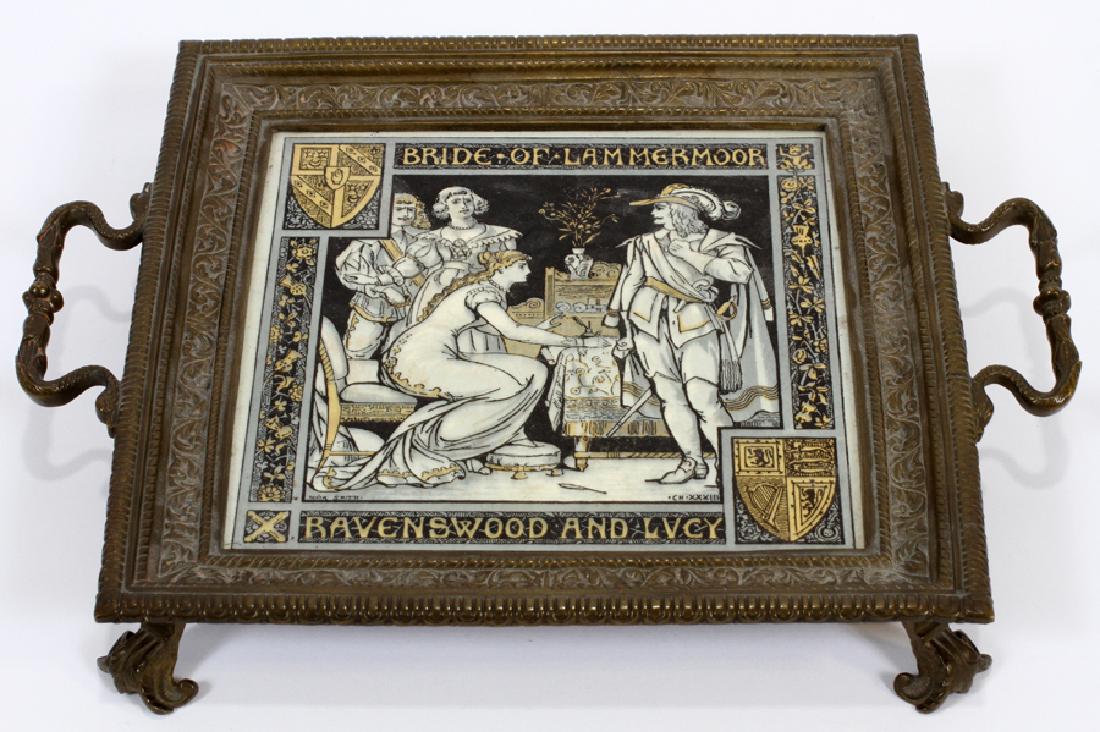 BRONZE TRIVET, WITH TILE PLAQUE INSERT: BRONZE TRIVET, WITH TILE PLAQUE INSERT, W 13", L 11":A bronze trivet with a tile plaque insert. This piece depicts a scene from Sir Walter Scott's historical novel "The Bride of Lammermoor."