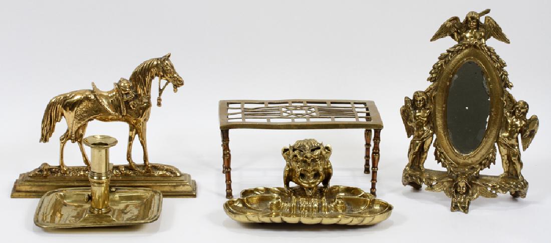 ANTIQUE BRASS DOORSTOP, MIRROR, INKWELL: ANTIQUE BRASS DOORSTOP, MIRROR, INKWELL, ETC, C1900, 5 PCS., H 3 1/2" - 10", W 6 1/2" - 10", D 2 1/2" - 5 1/4" :Antique brass items include one horse form doorstop, unmarked, 7" H. x 10" W. x 2 1/2: D