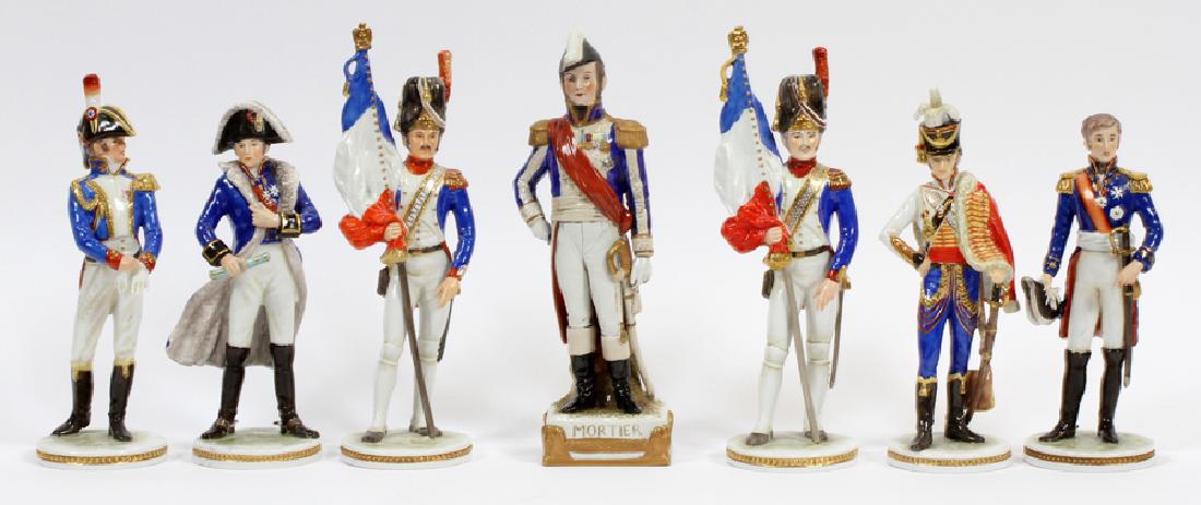 GERMAN NAPOLEONIC PORCELAIN GENERALS: GERMAN NAPOLEONIC PORCELAIN GENERALS, 7 PCS, H 7-9":A grouping of porcelain Napoleonic generals manufactured in West Germany. Includes Mortier, Laurent de Gouvion Saint-Cyr, Michel Ney, Tunot, and Jea