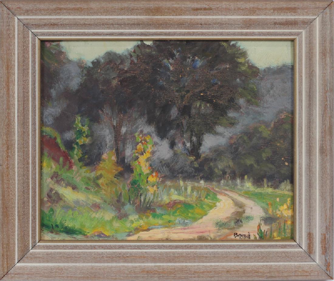 MILTON BOND OIL ON BOARD "POWDER MILL PARK": MILTON BOND (AMERICAN, 1891-1970), OIL ON BOARD, H 8", L 10", "POWDER MILL PARK" :An oil on board titled "Powder Mill Park" by listed American artist Milton Bond. This piece depicts a path through a f