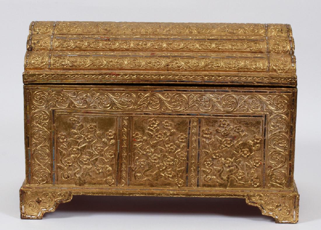THAILAND TABLE CHEST: THAILAND TABLE CHEST, H 9 1/2'', W 20 1/2'', D 11'' :Mirrored accents. Gold patina wood. Overall flower and vine design.