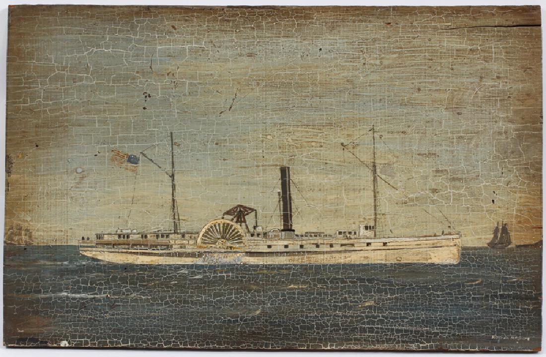 WARREN MCCLURE HAND PAINTED PADDLEWHEEL STEAMSHIP: WARREN MCCLURE, U.S.CIVIL WAR HAND PAINTED PADDLEWHEEL STEAMSHIP, OIL ON BOARD, (1) H 16" W 25":No frame