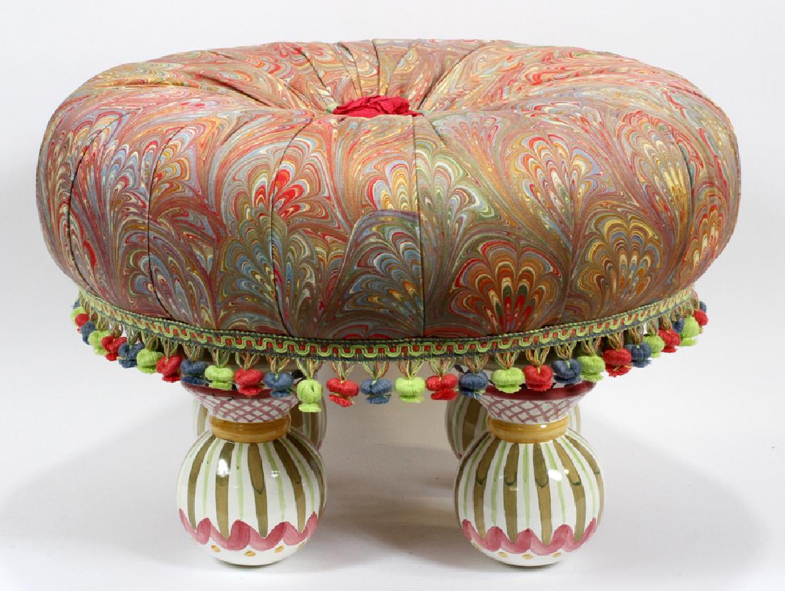 MACKENZIE CHILDS MARBLED FABRIC & CERAMIC STOOL: MACKENZIE CHILDS MARBLED FABRIC & CERAMIC TUFTED STOOL, H 14", DIA 21":A Mackenzie Childs stool. This piece features a tufted rosette center of marbled fabric and four ceramic ball form feet. A Macken