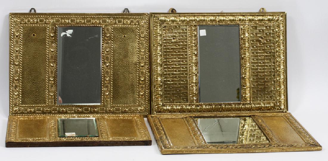 HAMMERED BRASS AND BEVEL GLASS MIRRORS, C1900: HAMMERED BRASS AND BEVEL GLASS MIRRORS, C1900, 4 PCS., H 9" - 11", W 14 1/2" - 16" :Each has a hammered brass panel mounted on wood to which a small beveled glass mirror is mounted. Smallest measures 