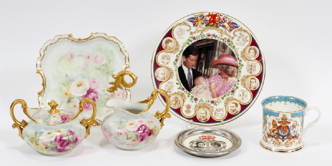 EUROPEAN PORCELAIN PLATE CREAMER SUGAR AND DISHES: EUROPEAN PORCELAIN PLATE, CREAMER, SUGAR AND DISHES, 20TH C, 5 PCS, :Includes 'T&V' Limoges, France, creamer and sugar with pink rose patterns, 4" H. x 5" & 6" W. A Bavarian dish with a leaf form shap