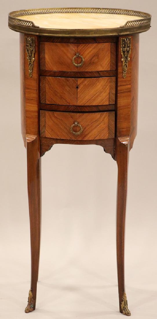 FRENCH LOUIS XV STYLE MARBLE TOP TABLE, CA. 1900: FRENCH LOUIS XV STYLE MARBLE TOP TABLE, CA. 1900, H 30", D 10" :A French Louis XV style three-drawer marble top table, circa 1900. Featuring bronze ormolu and gallery and enhanced by cabriole legs.