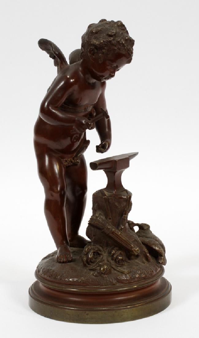 JEAN JULES SALMAN BRONZE SCULPTURE: JEAN JULES SALMAN, FR. 1823 - 02, BRONZE SCULPTURE H 10.5" CUPID WITH ANVIL AND HAMMER :Signed. Nice definition. Renaissance brown patina. Cherub forging a heart. Details include love birds and quiver
