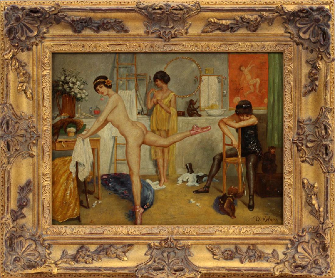DIMITRI KOLUJNI OIL ON WOOD PANEL: DIMITRI KOLUJNI (UKRAINIAN, B. 1974), OIL ON WOOD PANEL, H 12", L 16", "BALLERINAS IN DRESSING ROOM" :An oil on wood panel titled "Ballerinas in Dressing Room" by listed Ukrainian artist Dimitri Koluj